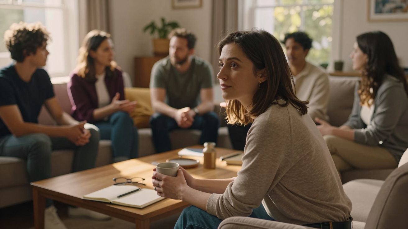 Mulher segurando chá sentada enquanto grupo conversa numa sala de estar iluminada e aconchegante.
