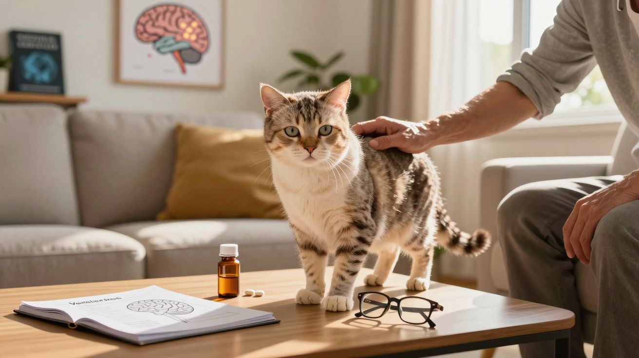 Gato em cima de uma mesa com livro, óculos e medicamentos, enquanto pessoa o acaricia numa sala iluminada.