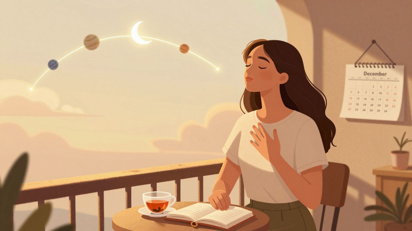 Mulher sentada num terraço com chá e livro, a olhar serenamente para planetas e a lua no céu ao pôr do sol.