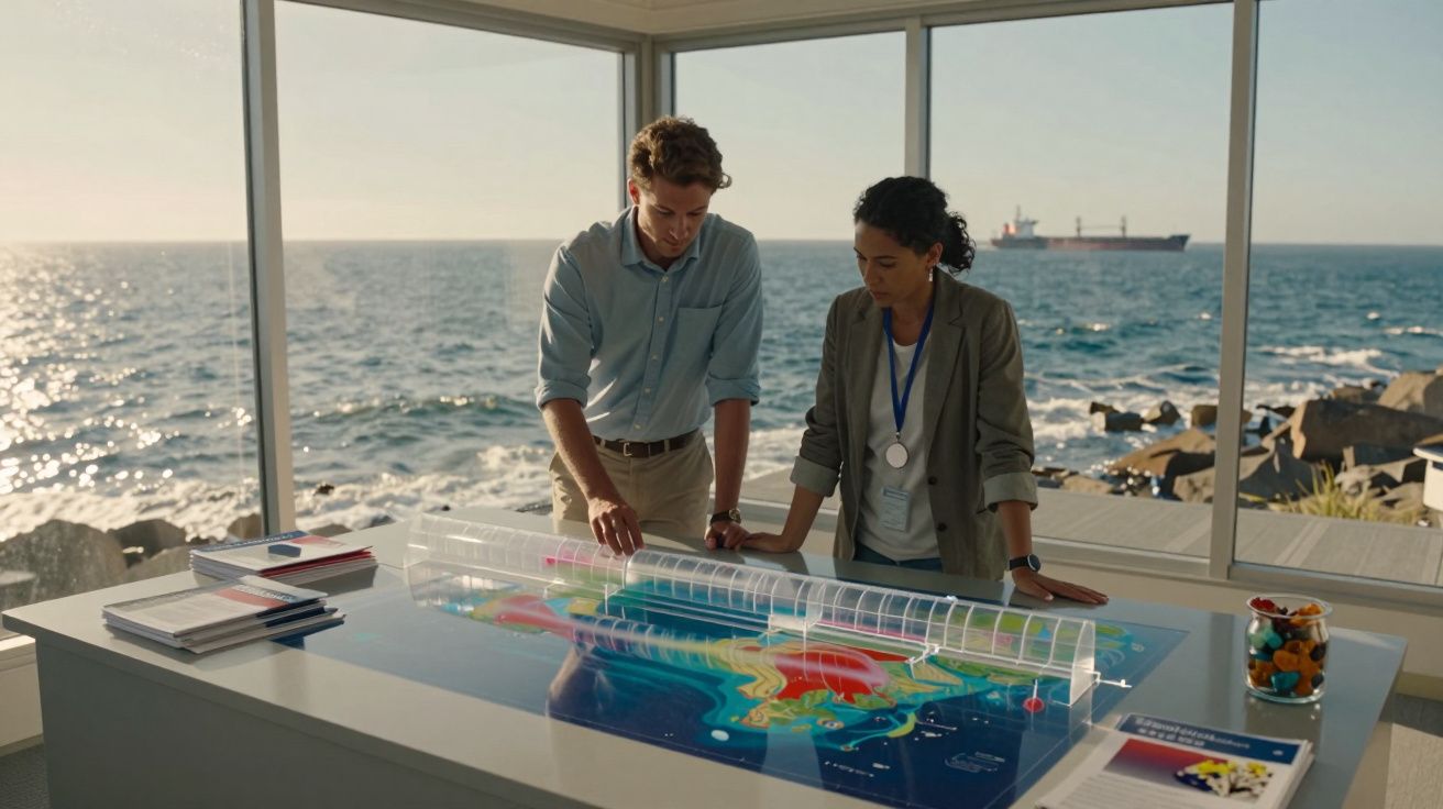 Dois investigadores analisam mapa de cores num laboratório com vista para o mar e um navio ao fundo.