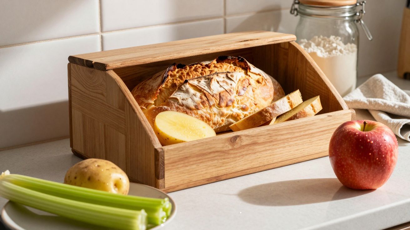 Caixa de madeira com pão rústico, batata cortada, maçã vermelha e aipo numa bancada de cozinha.