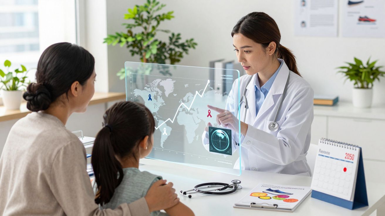 Médica a explicar dados médicos numa mesa a uma mulher e criança numa sala moderna e iluminada.