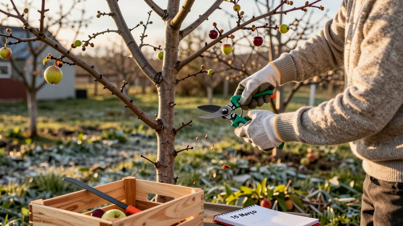 Pessoa a podar ramo de árvore de fruto com tesoura de poda num pomar com maçãs, caixa de madeira e caderno.