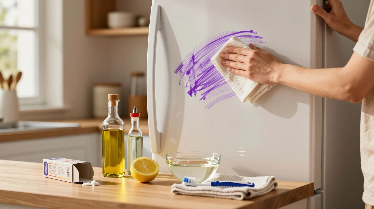 Pessoa a limpar a porta do frigorífico com um pano, com utensílios de limpeza numa bancada de cozinha.