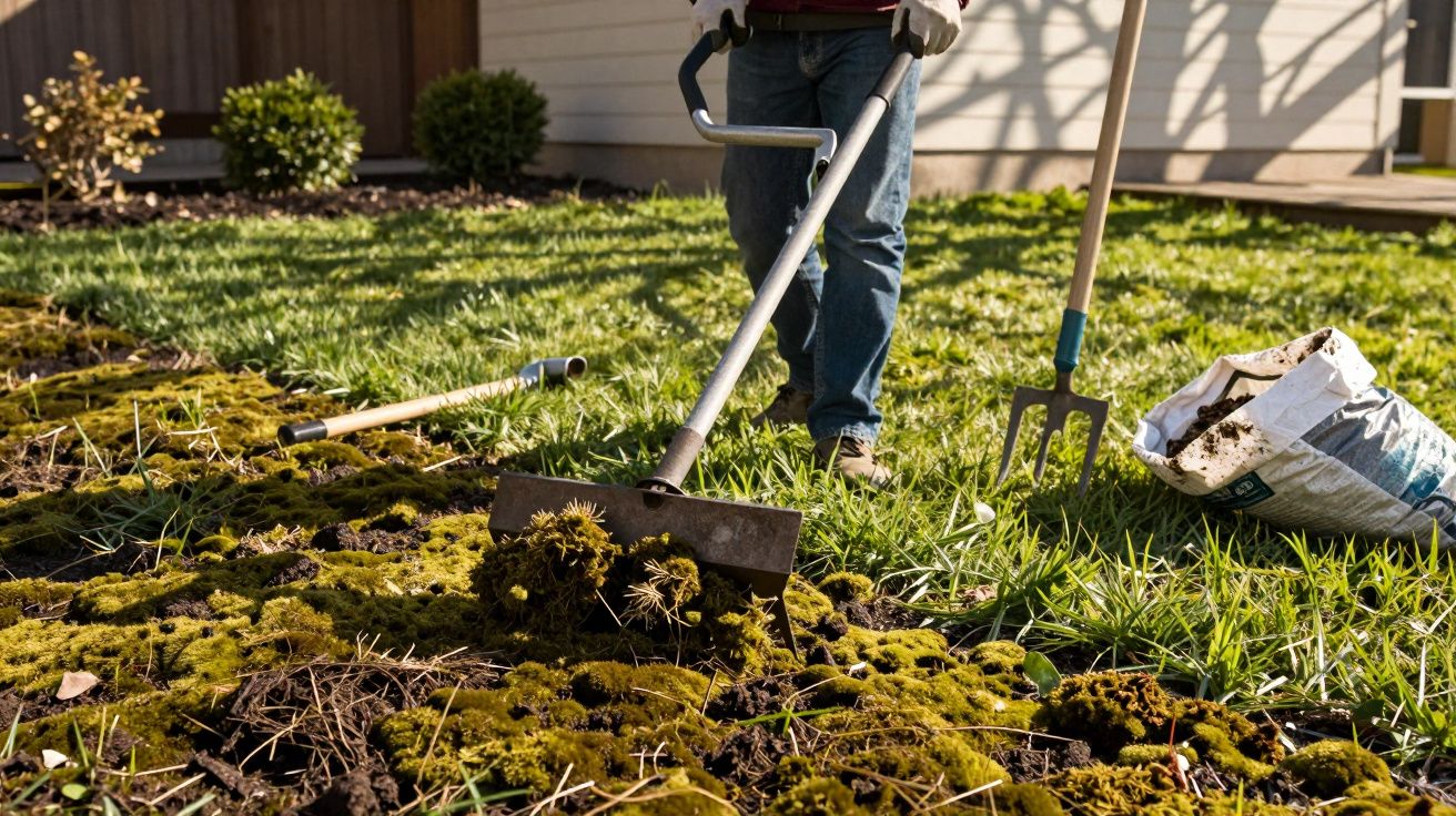 Pessoa a remover musgo do jardim com enxada, rodeada por ferramentas e saco de terra.