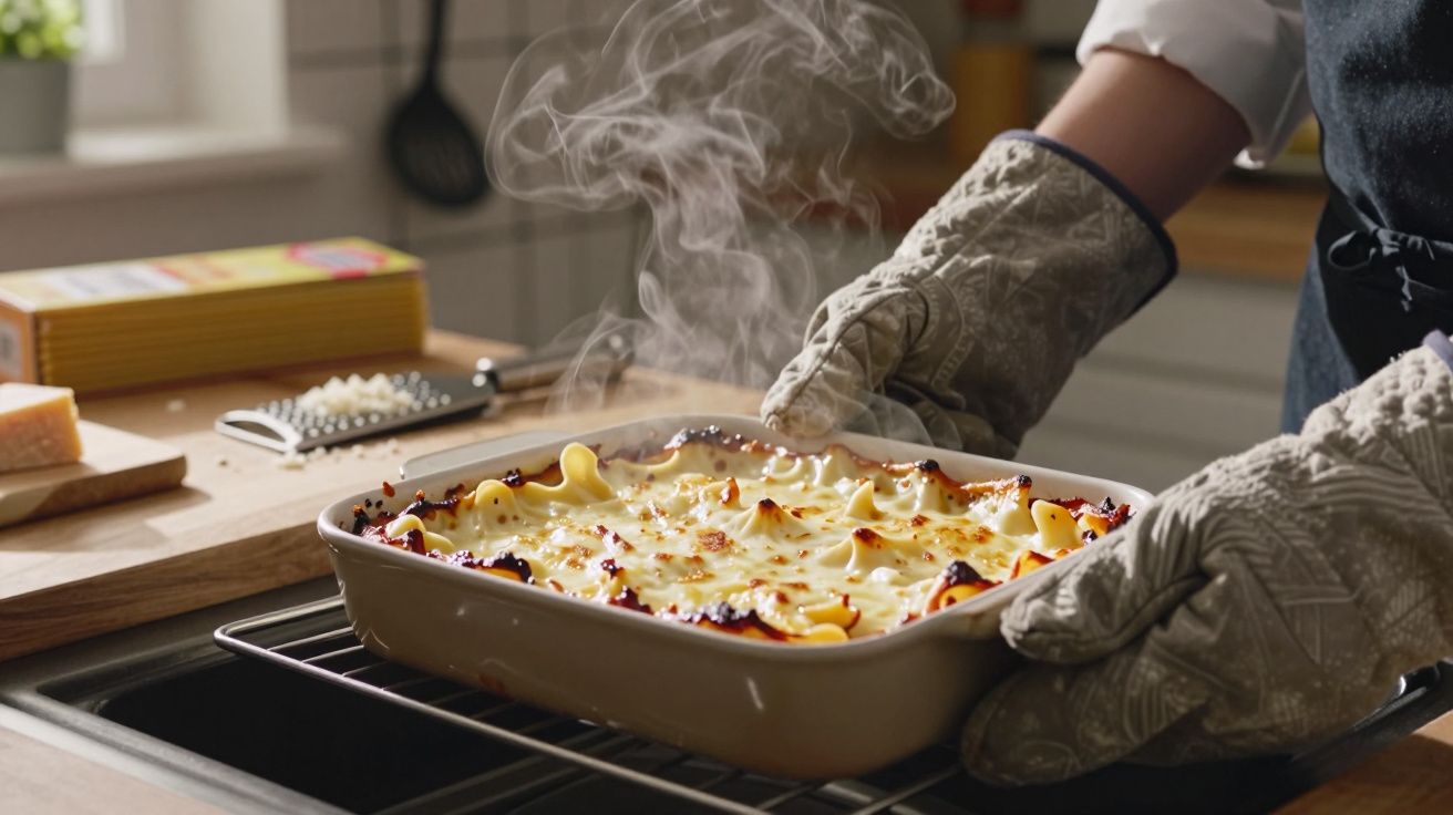 Pessoa a retirar um tabuleiro com lasanha fumegante do forno na cozinha.