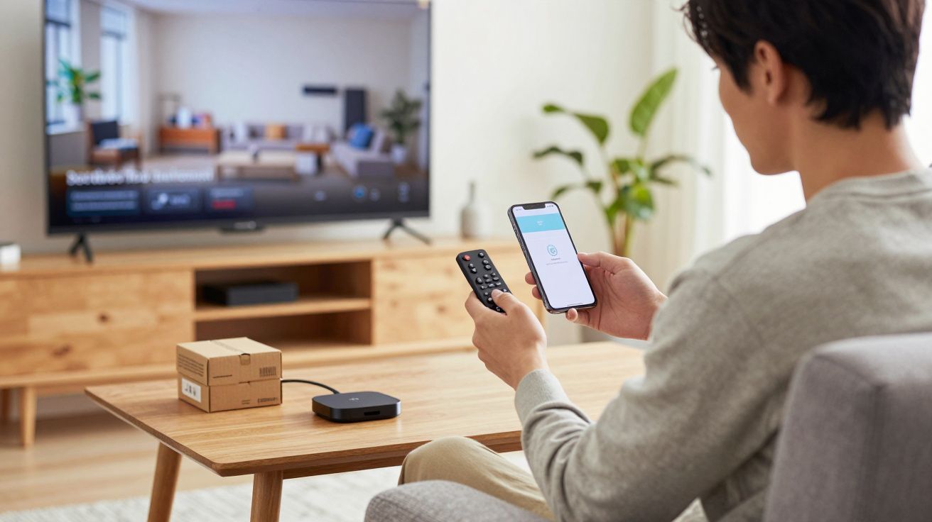 Pessoa sentada no sofá usa comando e telemóvel para controlar a televisão numa sala moderna.