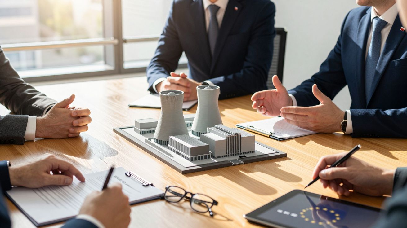 Reunião de negócios com modelo de usina nuclear sobre a mesa e pessoas em fato a discutir.
