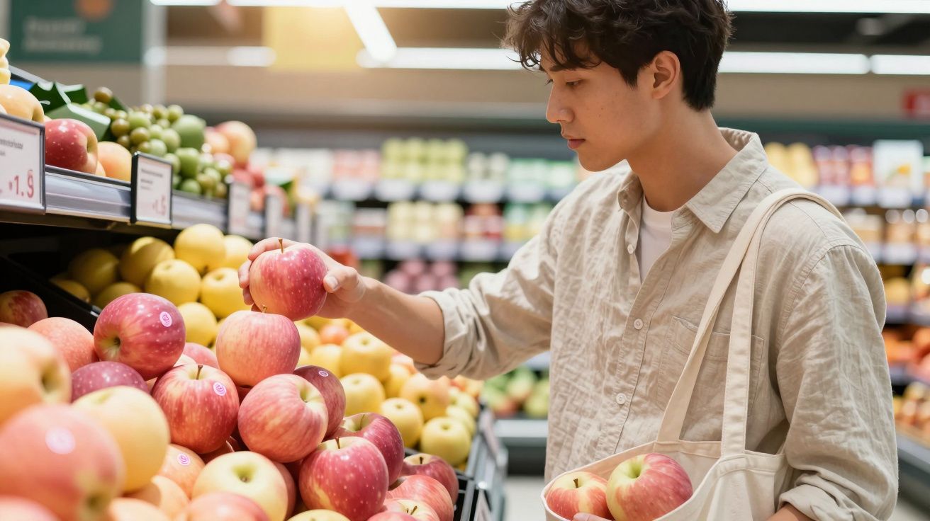 Pessoa a escolher maçãs vermelhas numa secção de frutas de um supermercado, com sacola reutilizável.