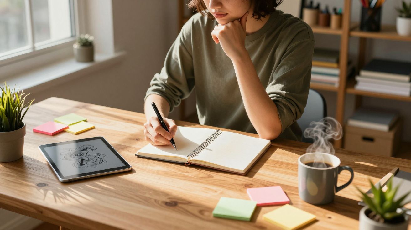 Pessoa a escrever num caderno aberto numa mesa com plantas, tablet e chá quente, numa sala iluminada pela janela.