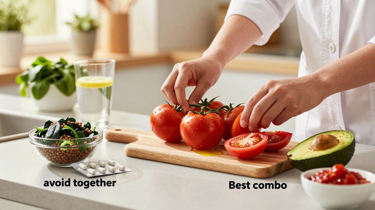 Mãos a preparar tomates frescos com abacate na cozinha, com cápsulas e salada ao lado.