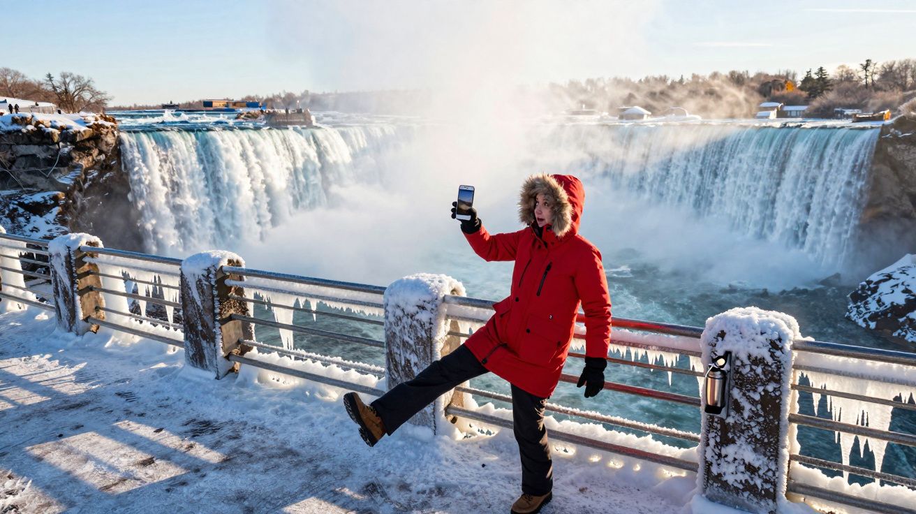 Pessoa com casaco vermelho tira selfie perto das Cataratas do Niágara cobertas de neve e gelo.