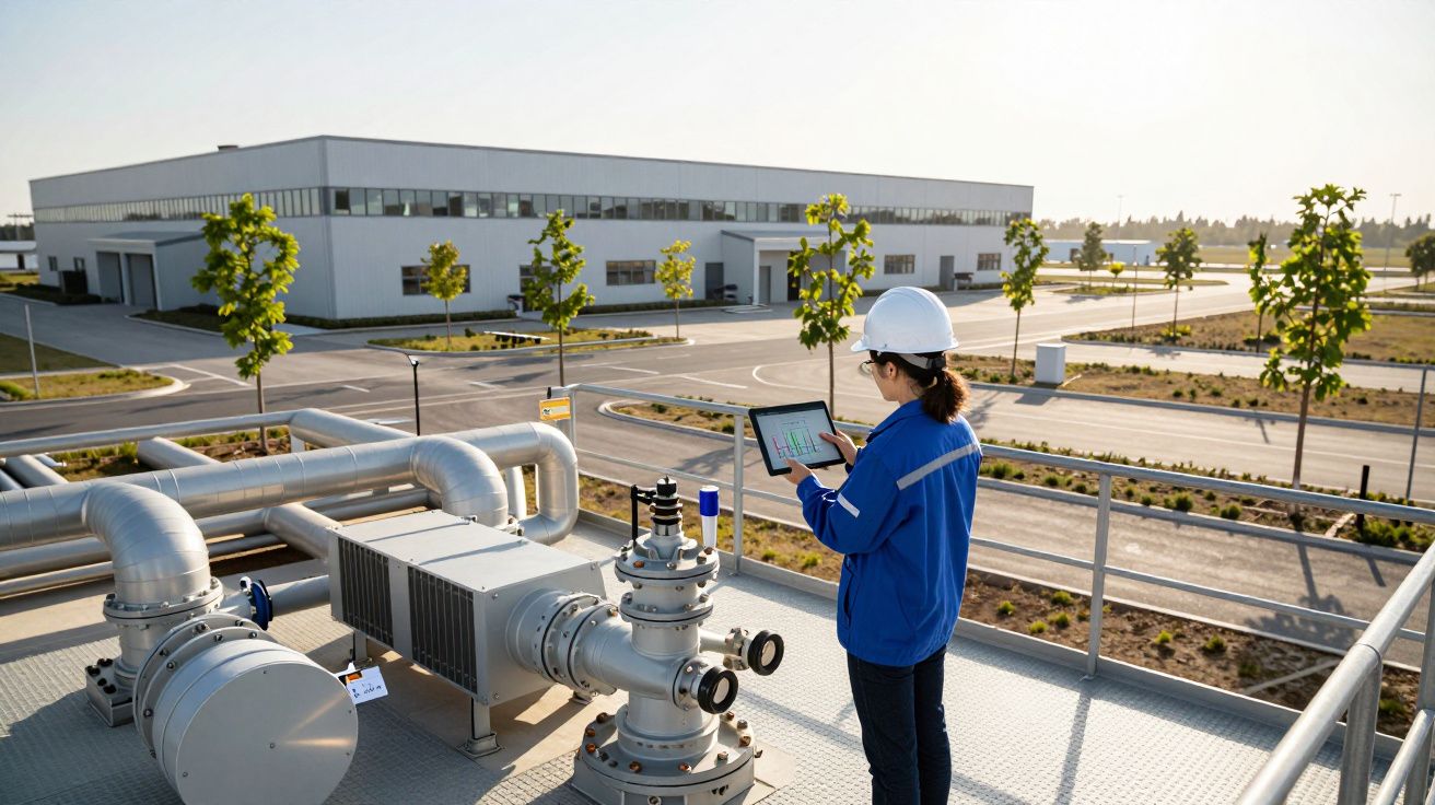 Engenheira com capacete e bata azul a inspecionar equipamento industrial numa fábrica ao ar livre.
