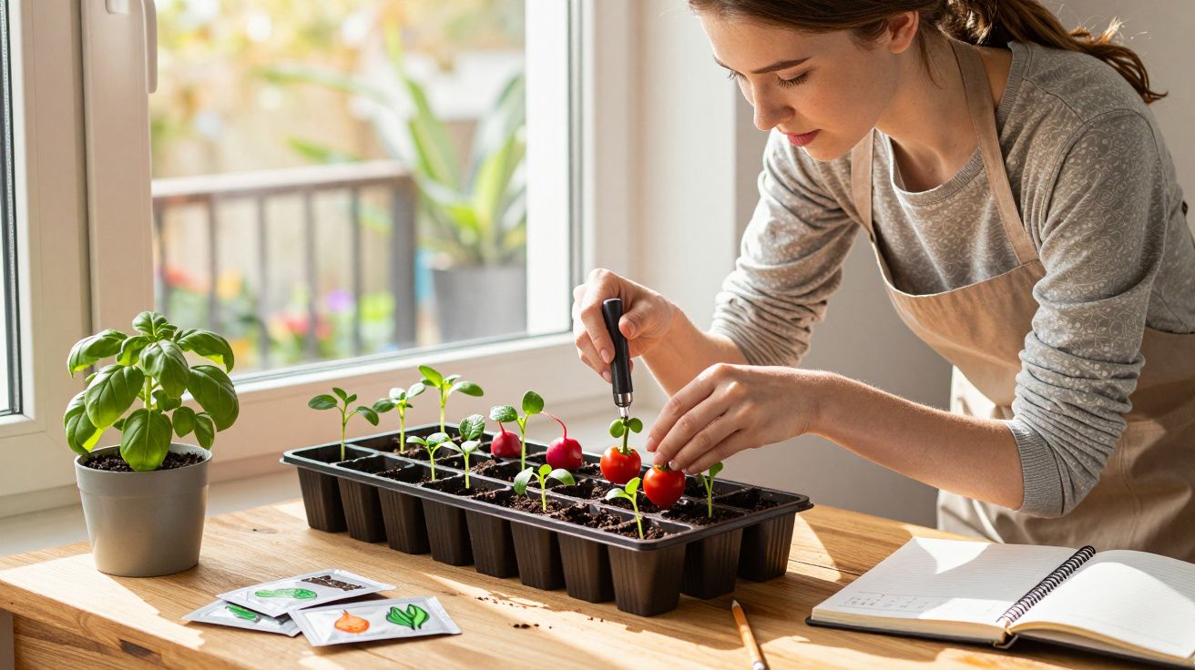 Mulher a cuidar de plantas jovens em viveiro dentro de casa, com janela e caderno na mesa.