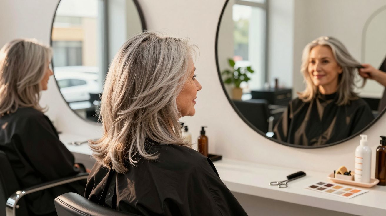 Mulher de cabelo grisalho sentada num salão de beleza a olhar para o espelho durante um penteado.