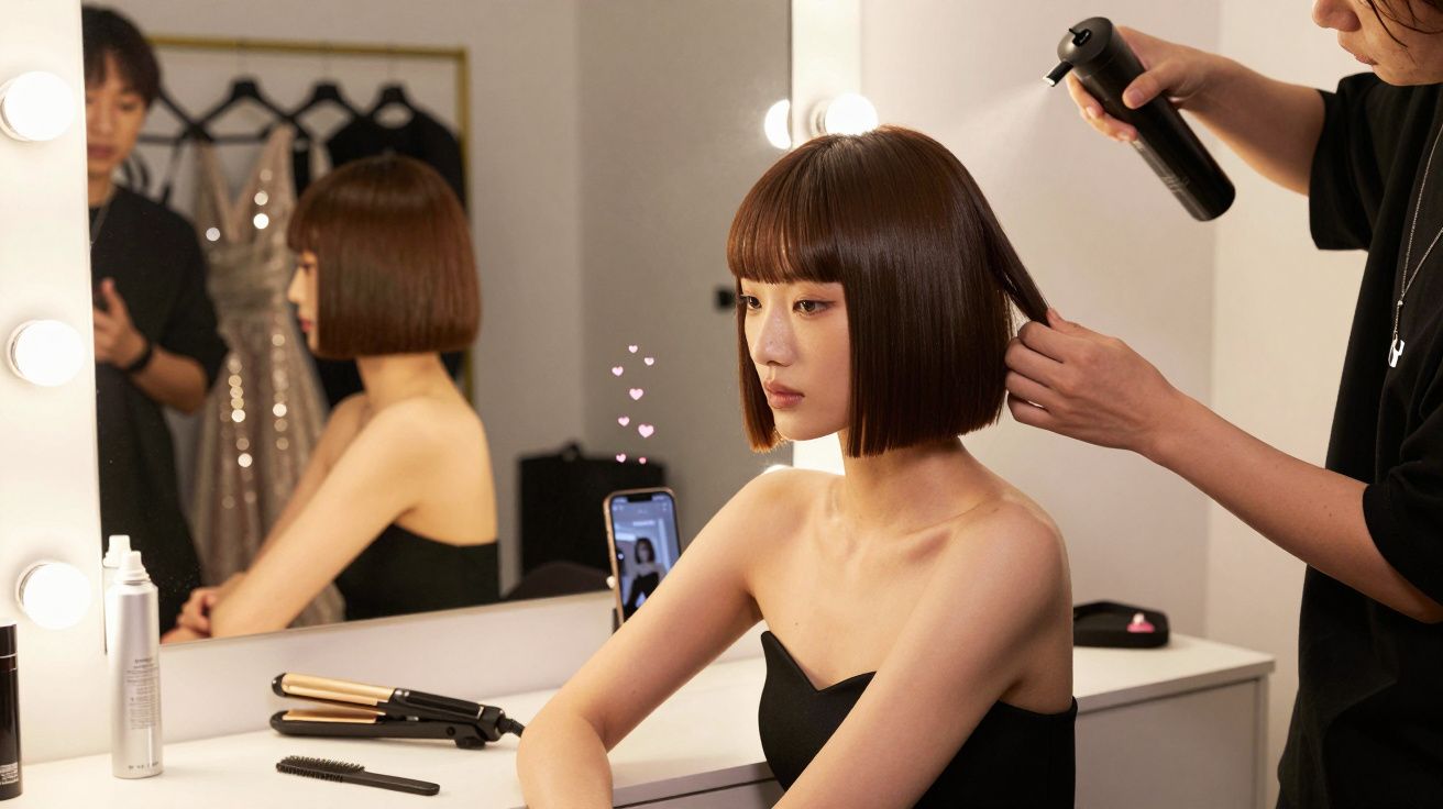 Mulher com cabelo curto a ser penteada num salão, sentada à frente de um espelho iluminado.