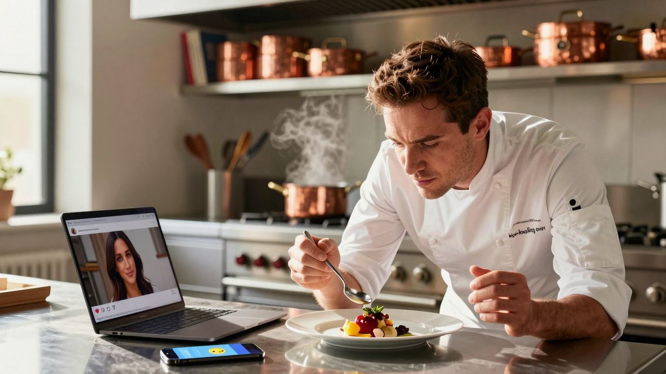 Chef masculino a provar prato gourmet numa cozinha profissional com portátil e telemóvel ao lado.
