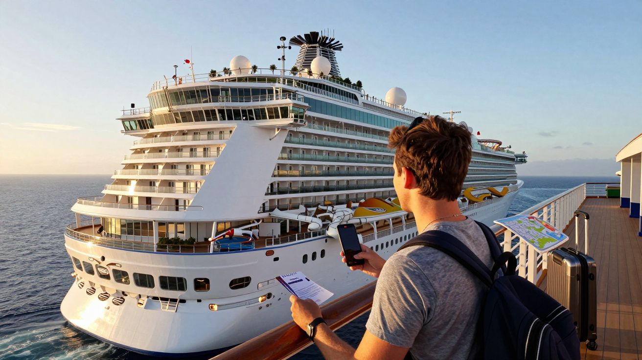 Homem com mochila usa telemóvel e consulta documento no convés de cruzeiro com grande navio ao fundo ao pôr do sol.