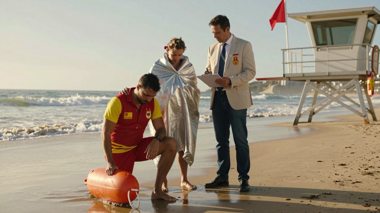 Salva-vidas e médico assistem jovem envolto em manta térmica na praia com torre de vigia e bandeira vermelha.