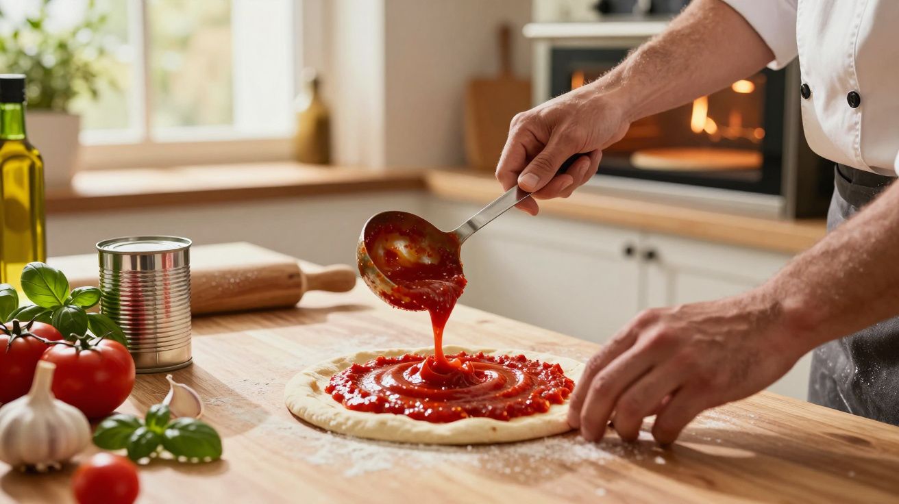 Mãos a espalhar molho de tomate numa base de massa de pizza numa cozinha com ingredientes frescos.
