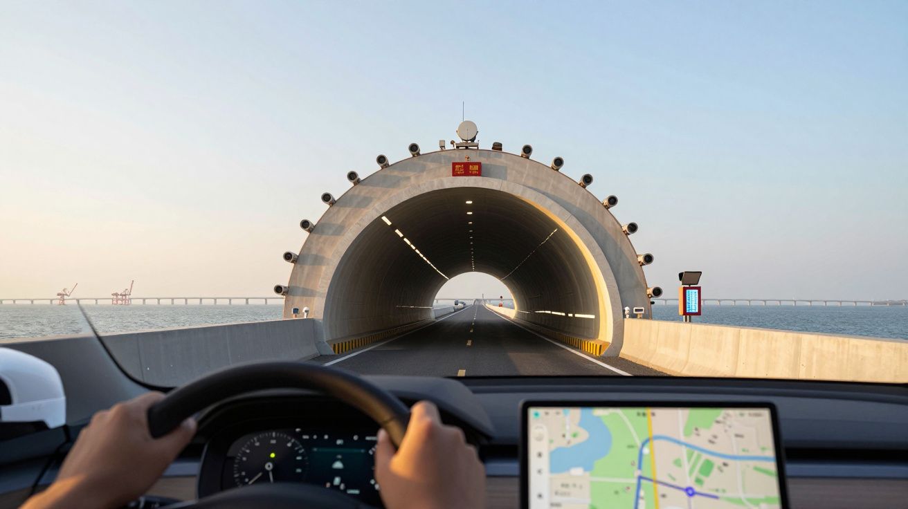 Vista interior de carro a aproximar-se de túnel circular sobre o mar ao entardecer, com GPS visível no painel.