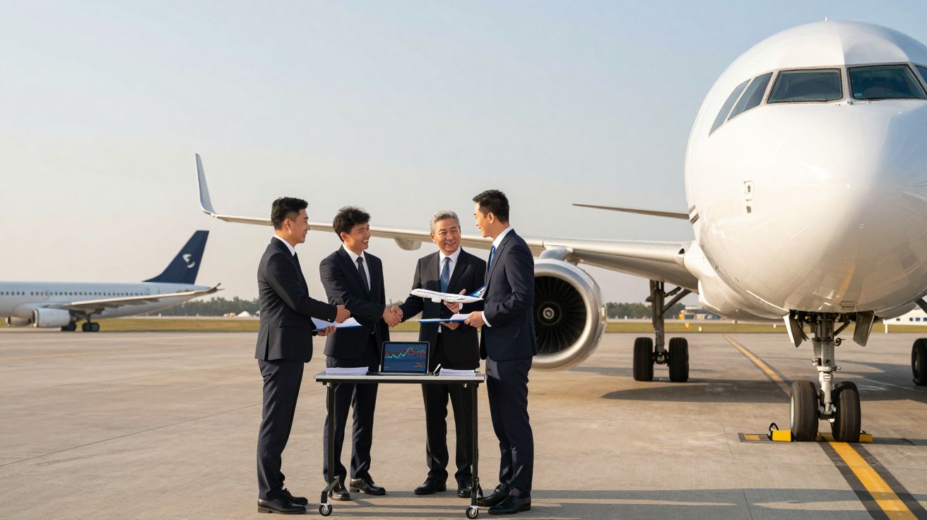 Quatro homens de fato junto a um avião num aeroporto, com um modelo de avião e gráficos num portátil sobre uma mesa.