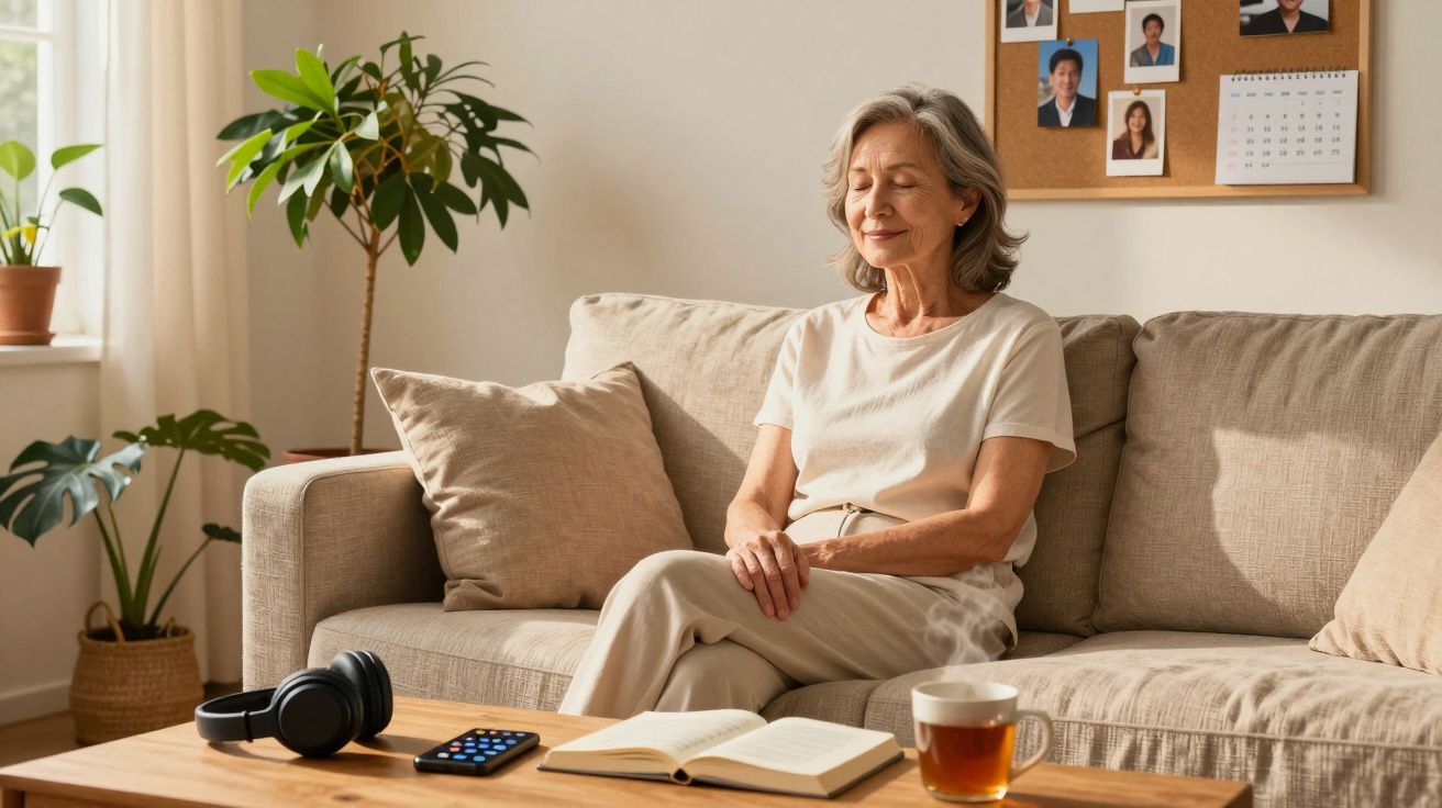 Mulher idosa sentada a meditar com os olhos fechados num sofá numa sala acolhedora e iluminada.