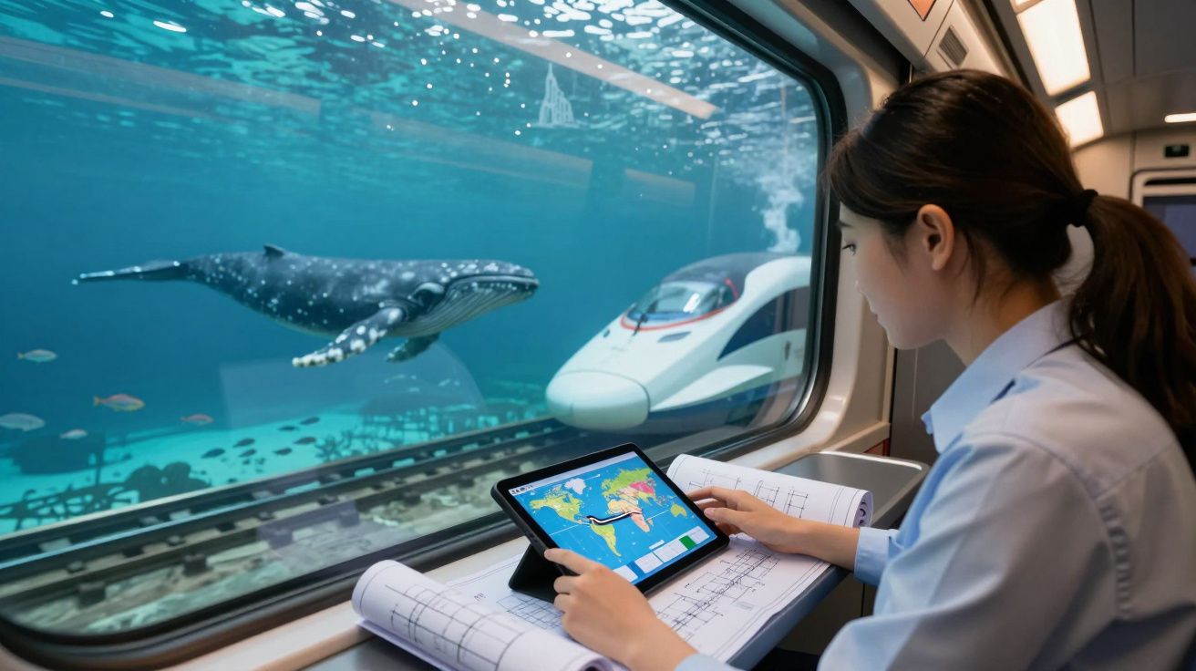 Mulher a estudar mapas num comboio futurista com tanque de água enorme e baleia visível pela janela.