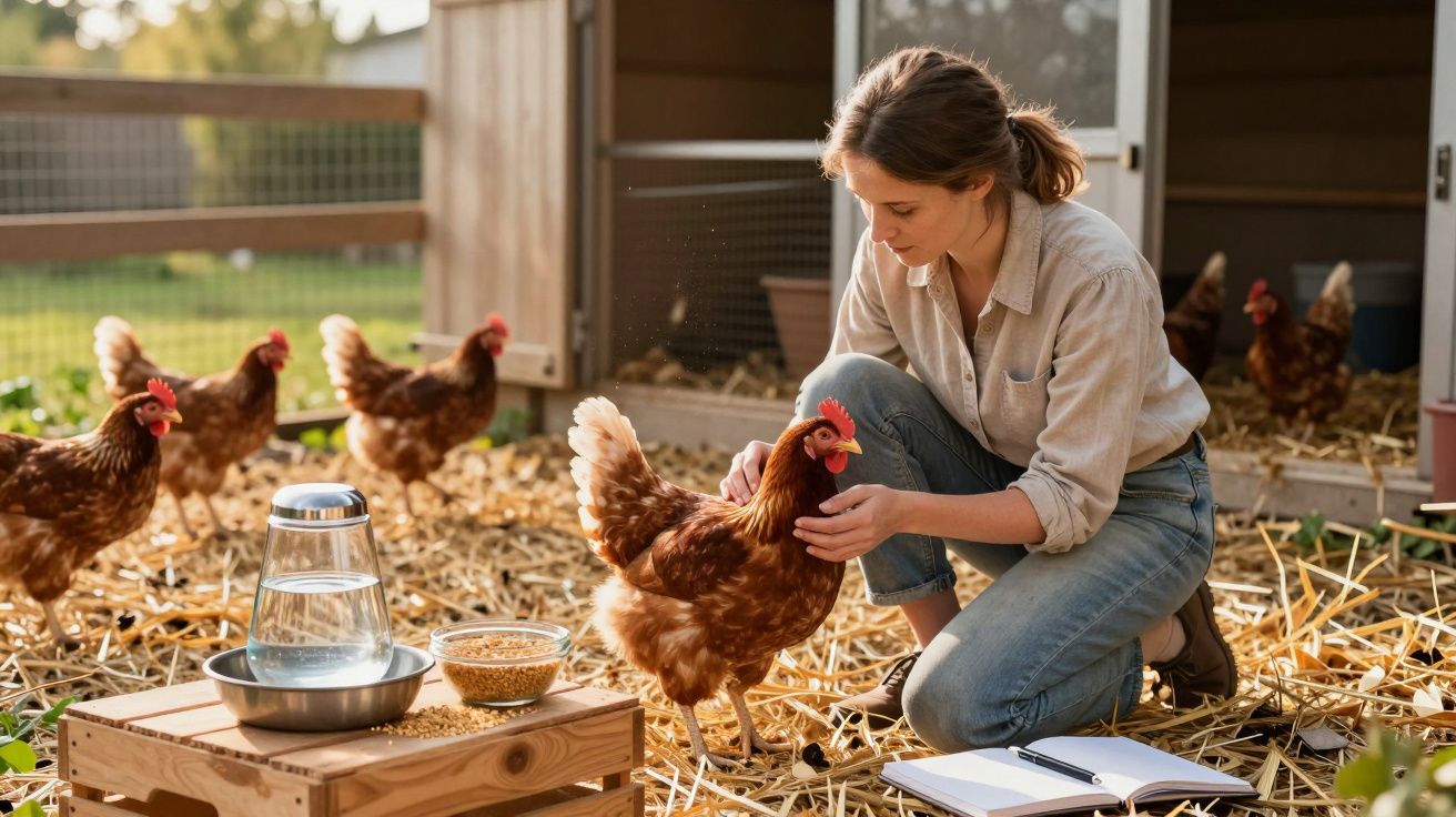 Mulher a cuidar de galinhas num galinheiro com palha, com caderno aberto e comida para aves à frente.