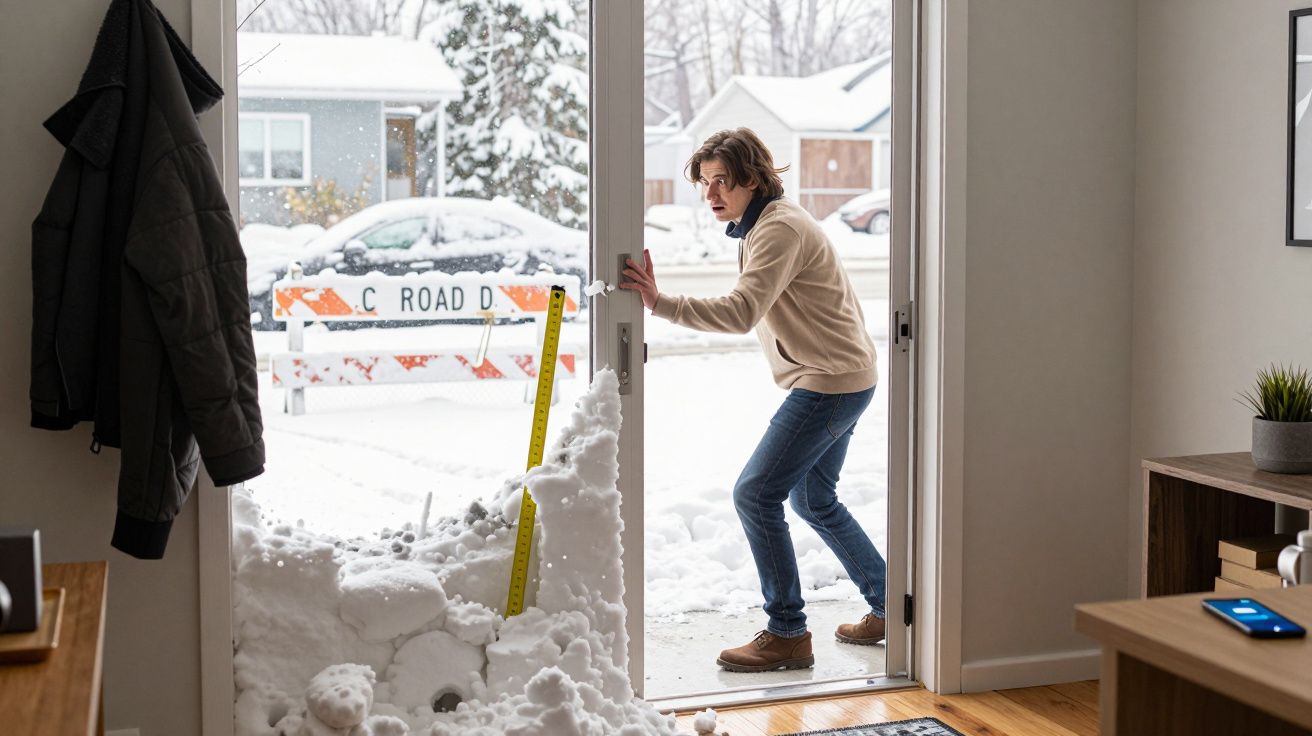 Homem mede a profundidade da neve acumulada à porta de casa durante o inverno.