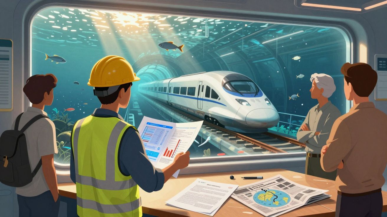 Quatro pessoas observam um comboio de alta velocidade a passar por um túnel subaquático, com peixes ao redor.