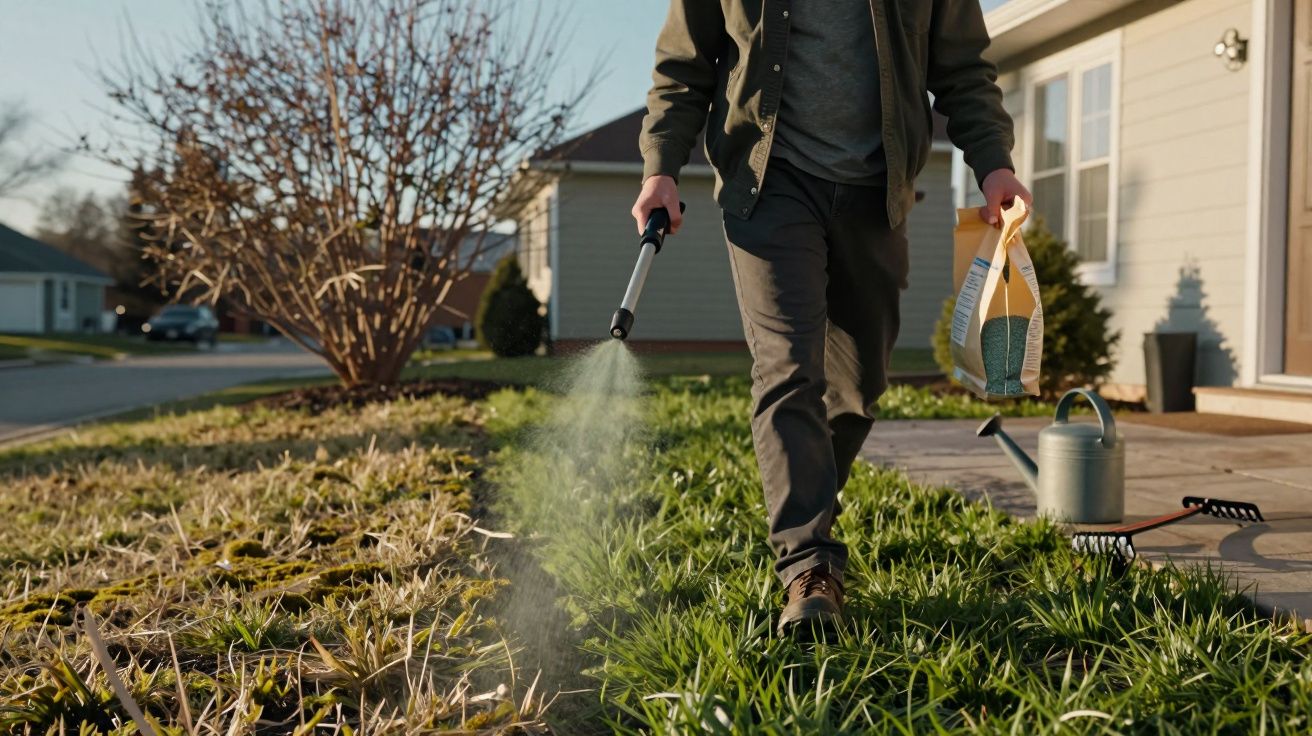 Pessoa a aplicar herbicida numa relva junto a uma casa num dia soalheiro.