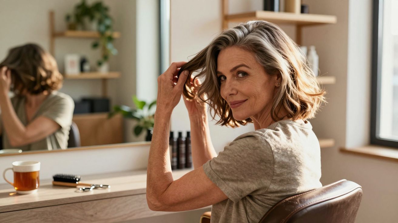 Mulher adulta sorridente a olhar para a câmara enquanto arruma o cabelo numa cadeira junto a um espelho.