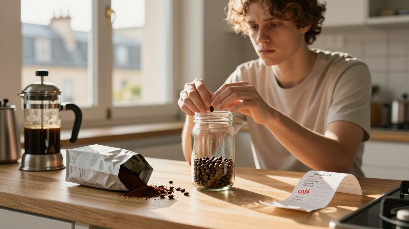 Jovem guarda grãos de café num frasco numa cozinha iluminada pelo sol da manhã.