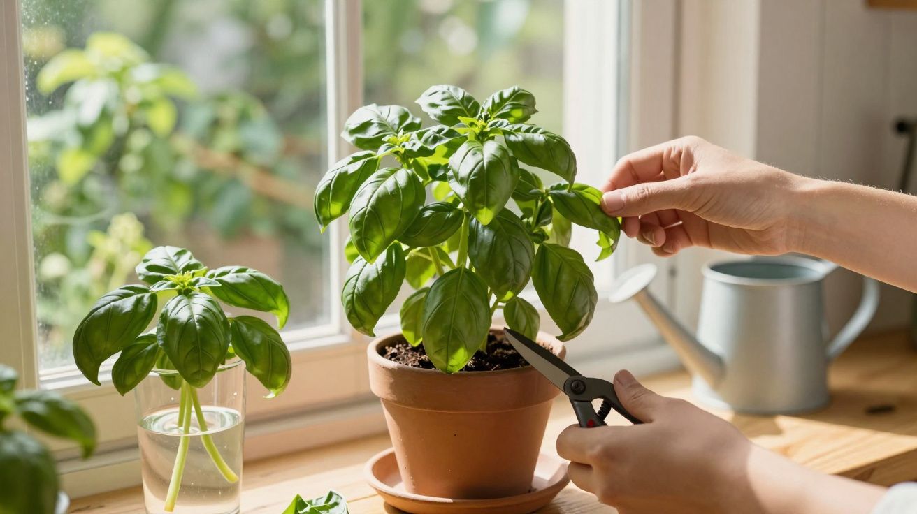 Mãos a cortar folhas de manjericão numa planta em vaso junto a uma janela com regador ao fundo.
