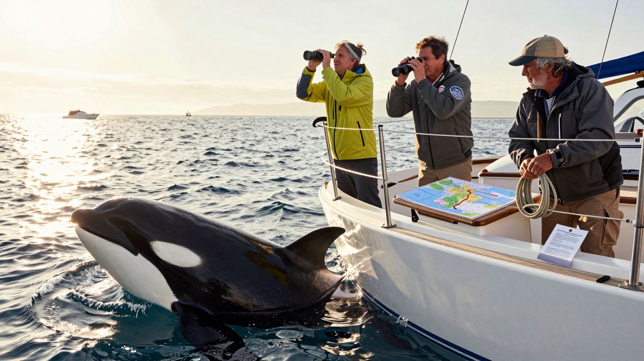 Orca perto de um barco com três pessoas a observar e usar binóculos durante um passeio no mar.