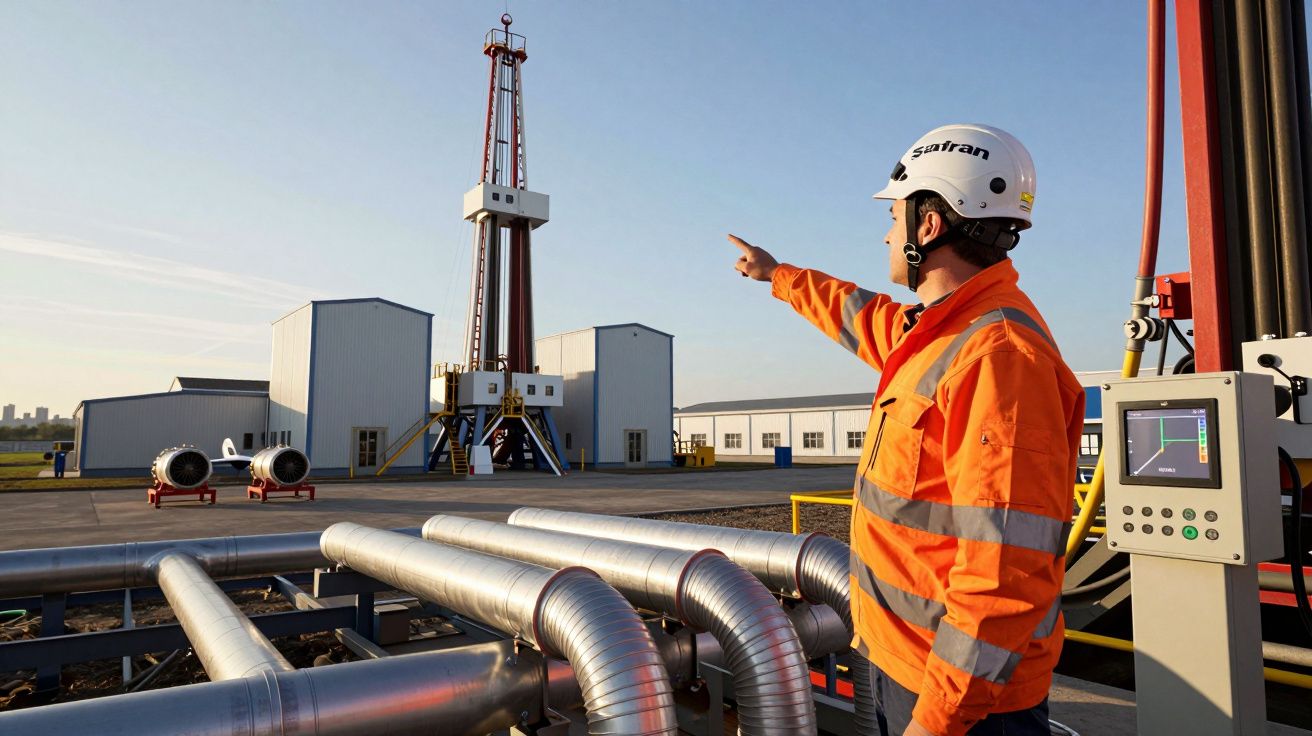 Trabalhador com equipamento de segurança aponta para torre numa plataforma industrial com tubagens metálicas.