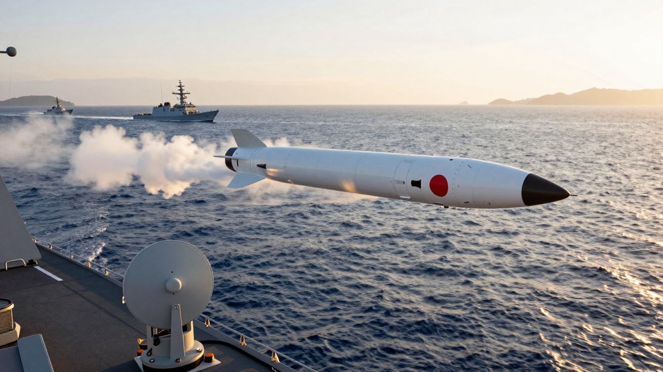 Míssil branco lançado de navio de guerra no mar com outro navio ao fundo e céu ao entardecer.