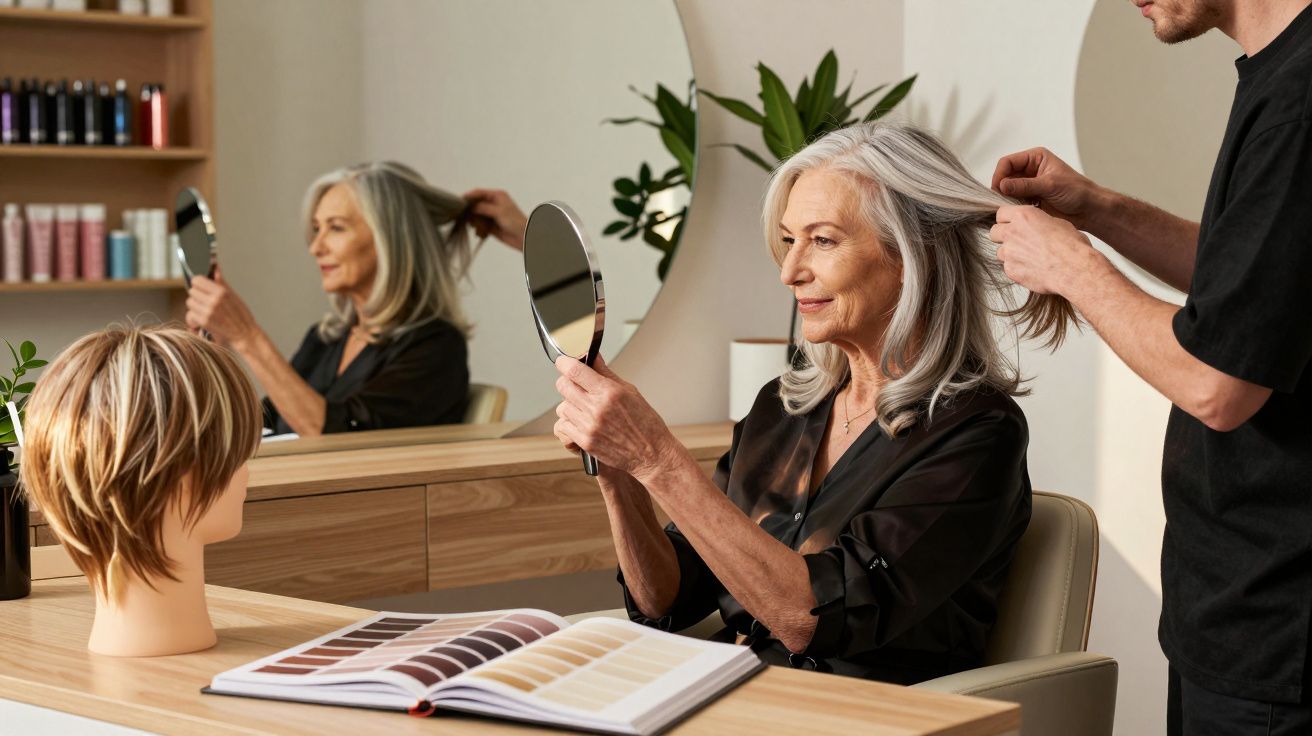 Mulher idosa com cabelo grisalho a olhar ao espelho de mão enquanto cabeleireiro arruma o seu cabelo num salão.
