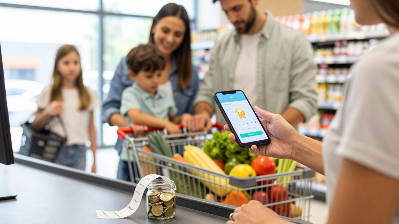 Pessoa a avaliar serviço com smartphone numa loja enquanto família com carrinho cheio espera na fila.