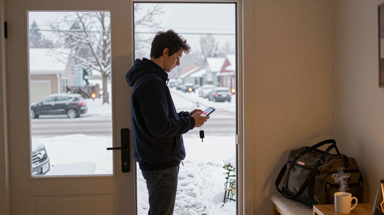 Jovem em pé à porta de casa a usar telemóvel, com neve visível na rua à frente.