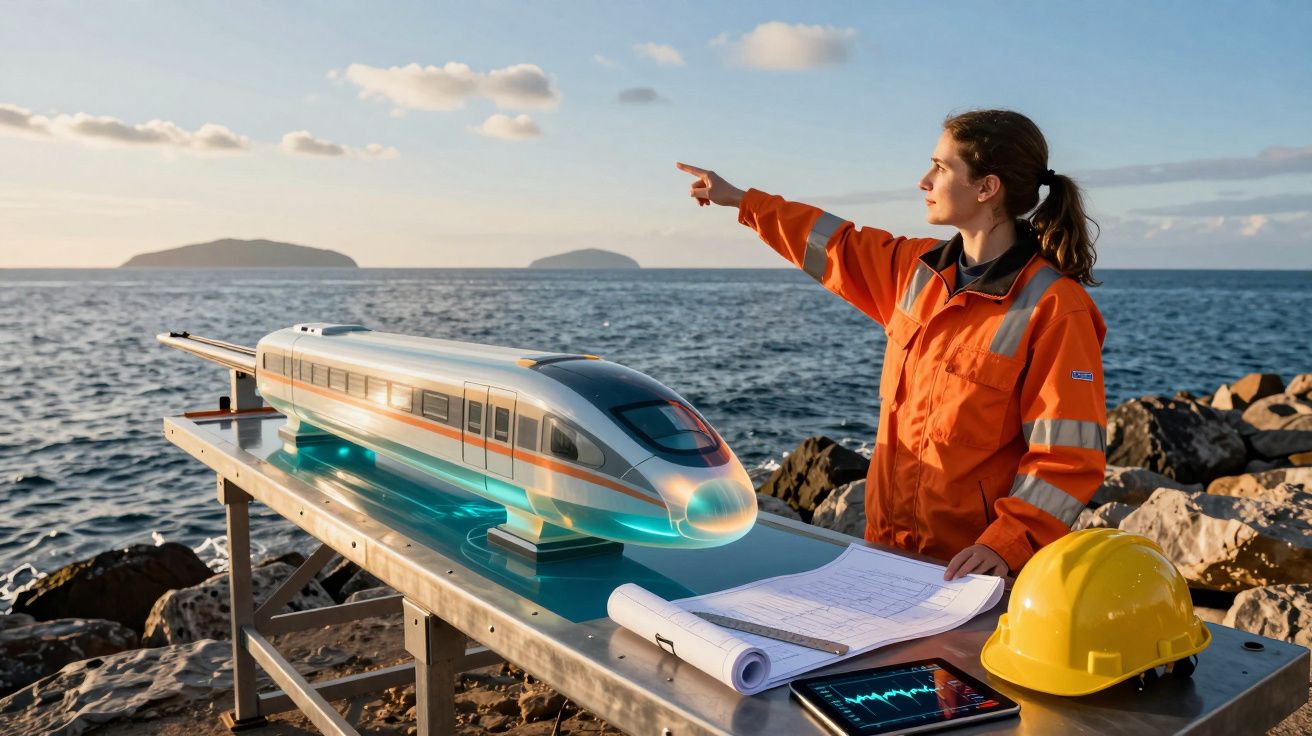 Engenheira com fato de segurança aponta para o horizonte junto a maquete futurista de comboio à beira-mar.