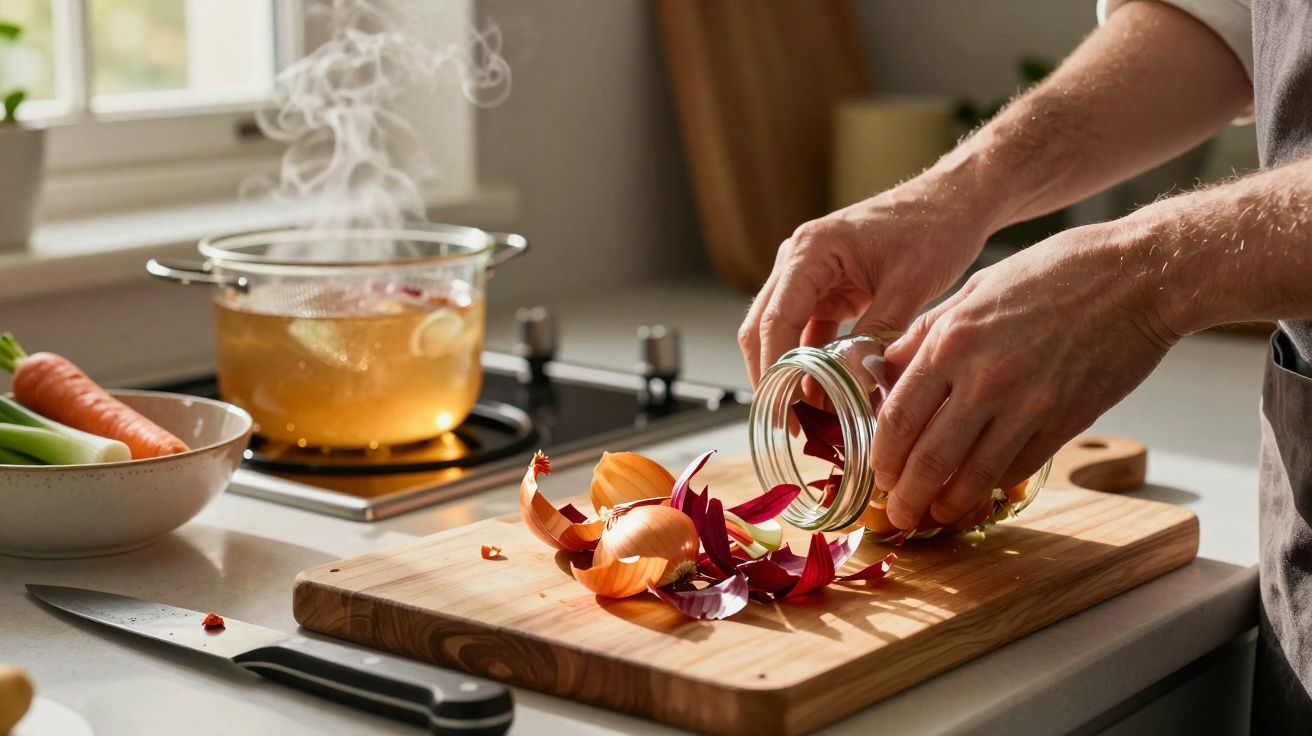 Pessoa a despejar cascas de cebola numa tábua de madeira, com panela a ferver no fogão na cozinha.