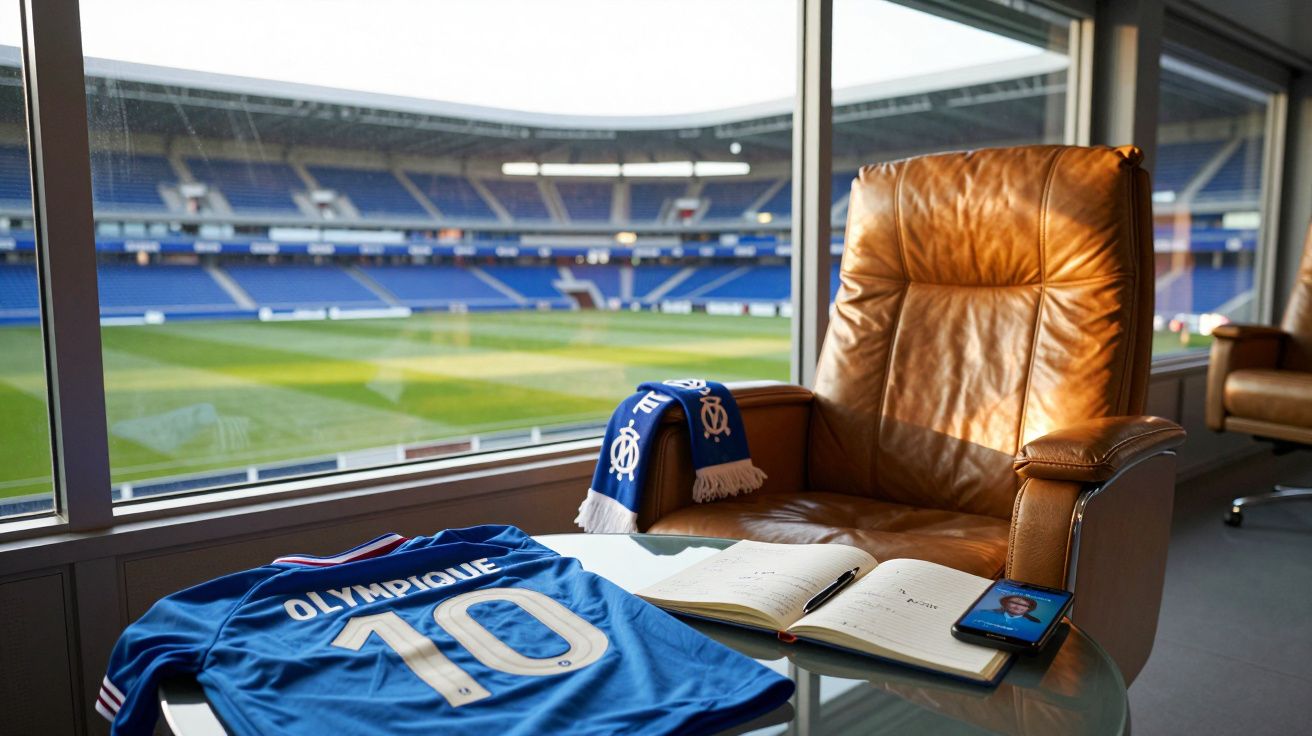 Poltrona junto a janela com vista para estádio, com camisola Olympique 10, caderno aberto e telemóvel sobre mesa.