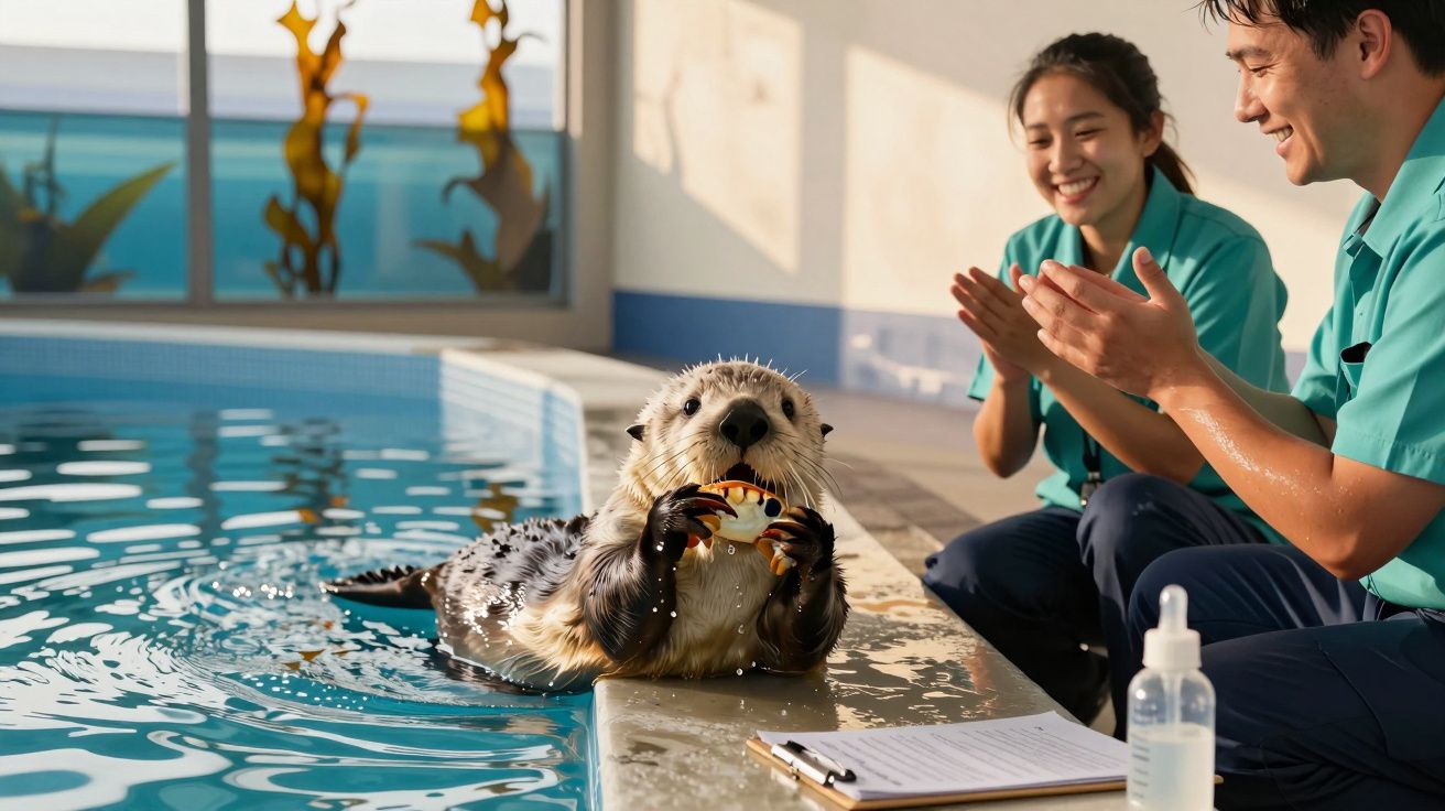 Lontra na borda de uma piscina segura brinquedo, enquanto dois tratadores aplaudem sorrindo.
