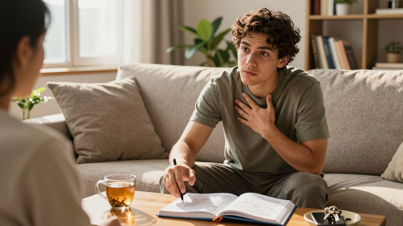 Jovem sentado no sofá a conversar com terapeuta, com caderno aberto e chá numa mesa à frente.