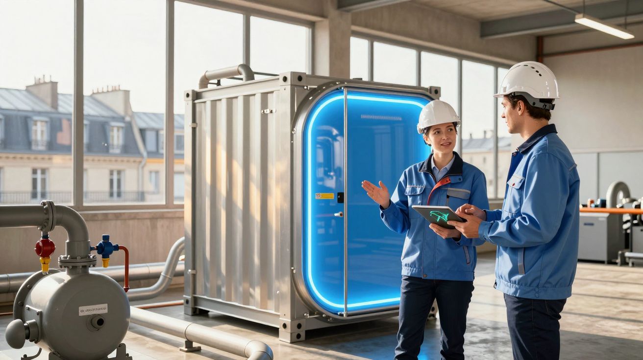 Dois engenheiros com capacetes brancos e fato azul discutem perto de equipamento industrial num ambiente iluminado.