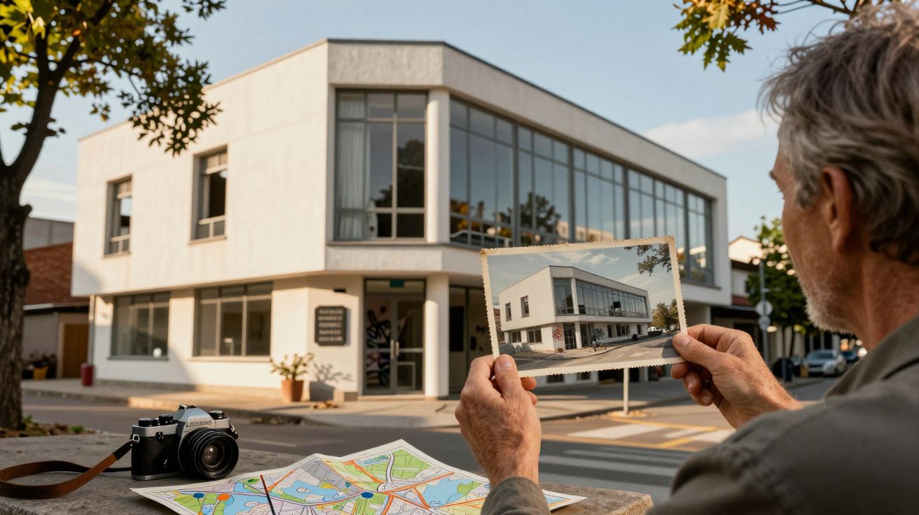 Homem segura fotografia antiga do mesmo edifício moderno que está em frente, com mapa e câmera na mesa.