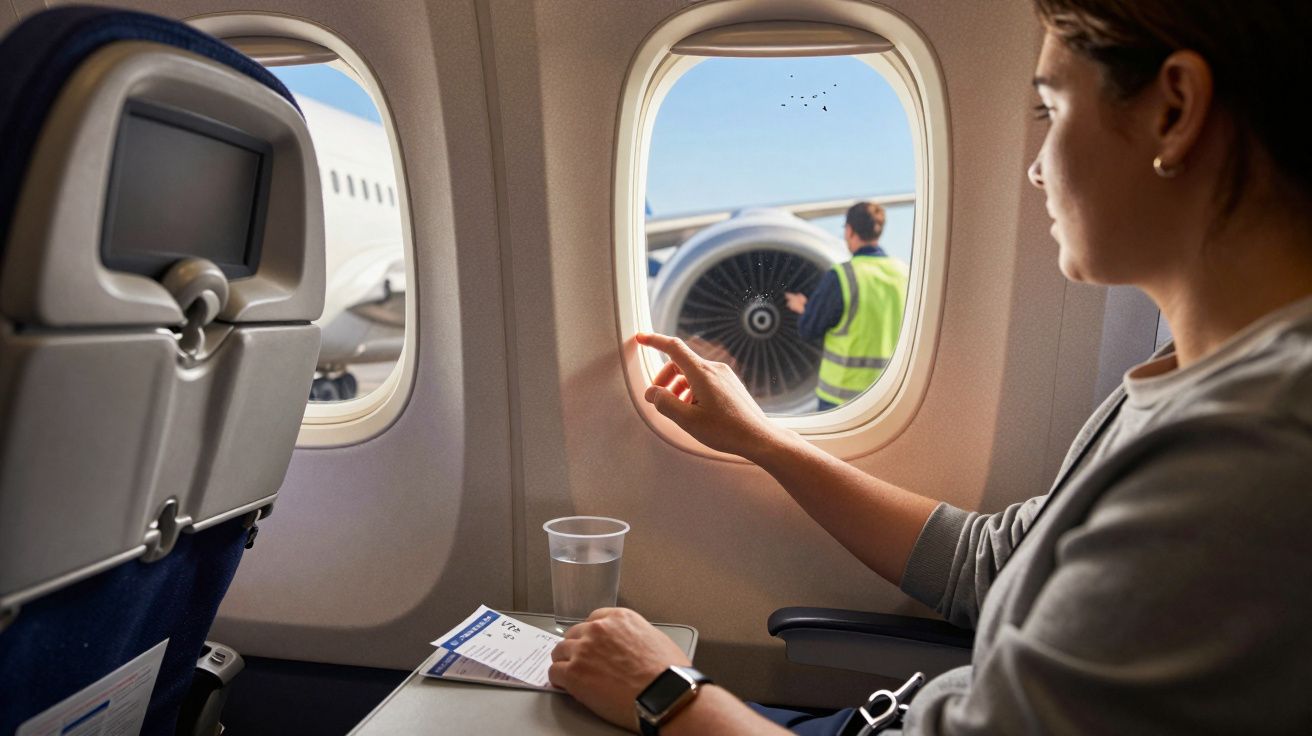 Pessoa sentada perto da janela de um avião, olhando para o exterior com bilhetes e copo de água na mesa.