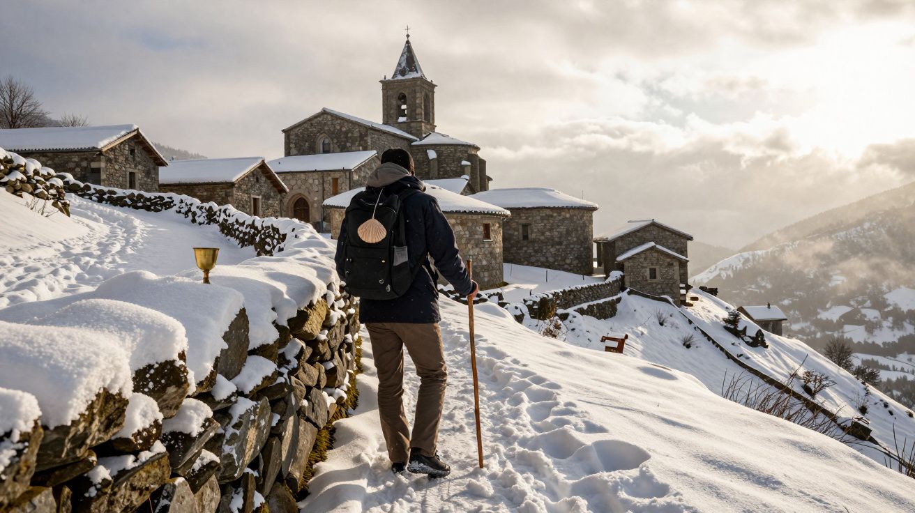 Pessoa com mochila e bastão a caminhar em aldeia nevada com casas de pedra e igreja ao fundo, céu nublado.